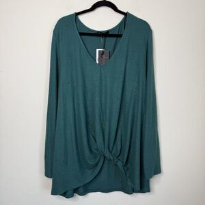 Gibson NWT Size 3X Teal V Neck Tie Front long Line Fleece Tunic Sweater Classy